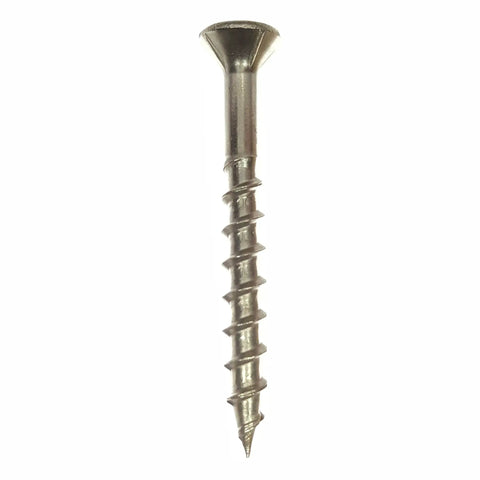 Built Different Stainless Steel Deck Screws Bugle Head Star Drive Partial Thread Bright Finish Tough As Nails Wood Fencing Composite Board Assembly Outdoor Project No Sweat Installation Heavy Duty Fasteners 50 Pack Size 12 By 4 Inch Type Seventeen Point close-up of a stainless steel deck screw showing bugle head and partial thread.