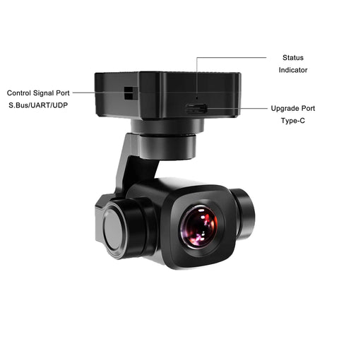 Rock Solid 4K AI Gimbal Camera For Rc Fpv Drones Packed With 6X Digital Zoom And Smart Motion Tracking showing controls and camera lens.