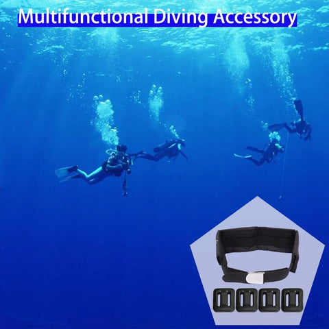 Background of divers underwater with Beginner Friendly Dive Belt Kit With Weights, 4 Pockets And Quick Release Buckle shown close-up.