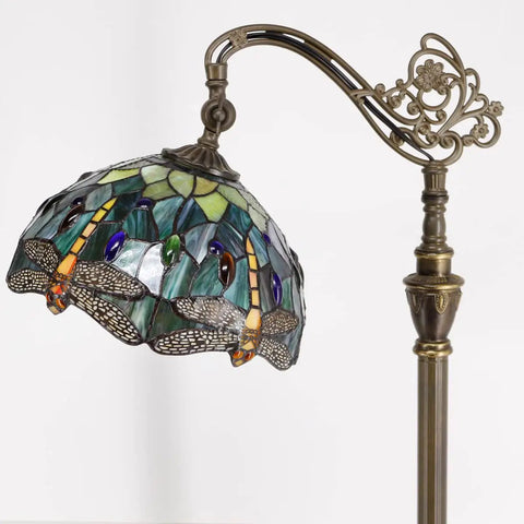 Stained Glass Tiffany Floor Lamp With Amber Dragonfly Shade Arching Gooseneck Adjustable Reading Light 66 Inch Tall Bronze Base