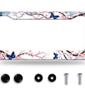 Cherry Blossom Butterfly License Plate Frame in Stainless Steel with screws, caps, and washers for US and Canada 12.3x6.3 plates