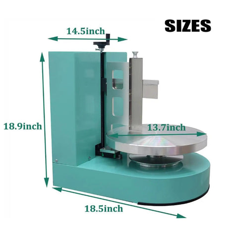 Side view of Automatic Cake Coating And Smoothing Machine with size dimensions, showing 18.5 x 18.9 x 14.5 inches