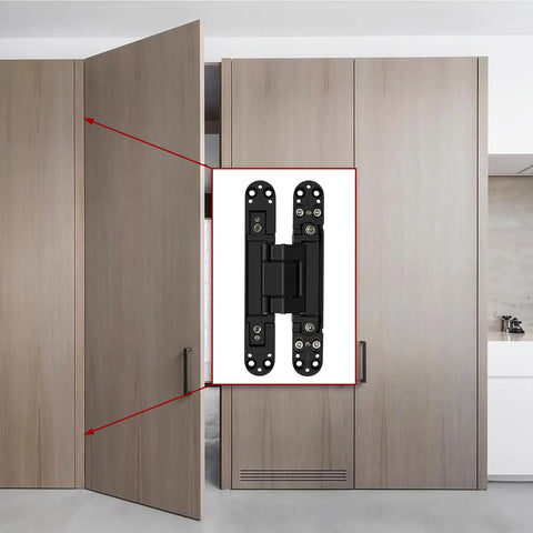 Two Pack 7 Inch Hidden Door Hinges In Black Finish, Modern Contemporary, Zinc Alloy And Aluminum With Hardware