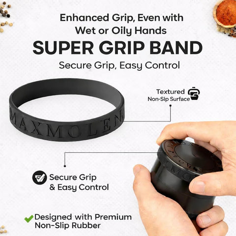 3-inch large spice grinder with dual grind plates (fine and medium), black with textured grip band, Amazon brand.