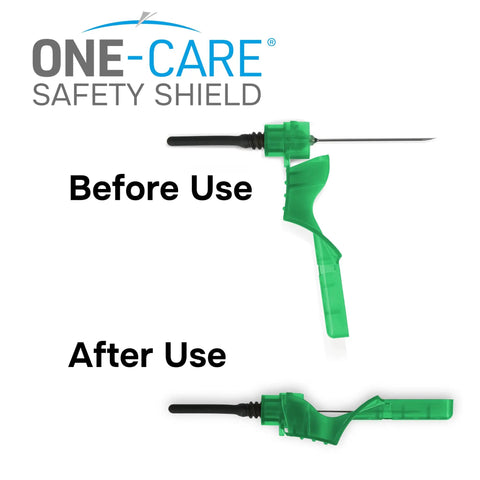 Sterile Lab Pro Grade 21G 1.25 Inch Dispensing Needles Universal Fit 48 Pack Color Coded Ergonomic Shield Thin Wall Stainless Steel for Multi Sample Collection and Optimal Flow in Labs, green shield before and after use
