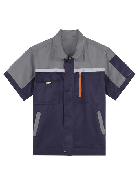 Men Long Sleeve Work Jacket With Reflective Stripes And Pockets Heavy Duty Auto Mechanic Uniform Shirt For Workshop And Job Sites Gray And Navy Contrast, short sleeve view.