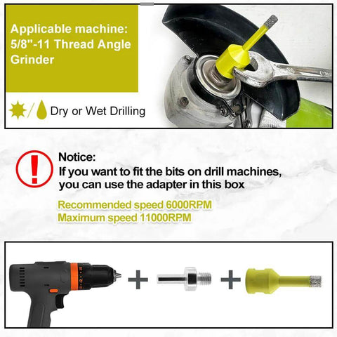Diamond core drill bits set for 5/8-11 grinder; includes 4x 6/8mm diamond holes, 20mm beveling bit, hex adapter.