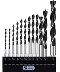 Brad Point Wood Drill Bit Set, 12 PC, 1/8 To 1/2 Inch Hex Shank With Double Flute Design in holder, front view