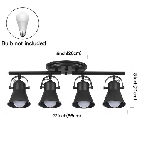 4 Light Track Lighting Kit in industrial black with E26 sockets, adjustable heads, dimensions 22x8 inches, bulb not included