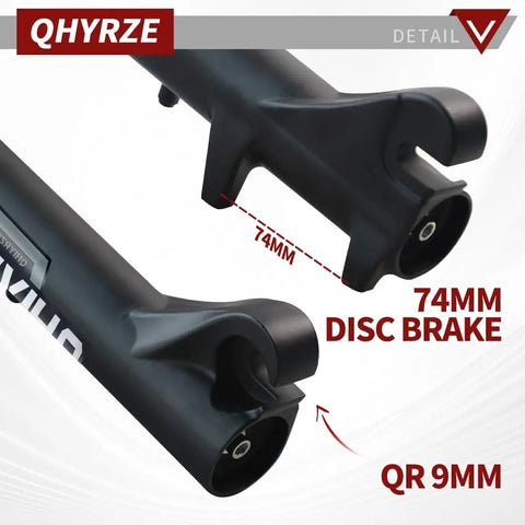 Close-up of QR 9mm and 74mm disc brake on 20 Inch Fat Tire EBike Air Suspension Fork With 140Mm Travel Rebound Adjustable