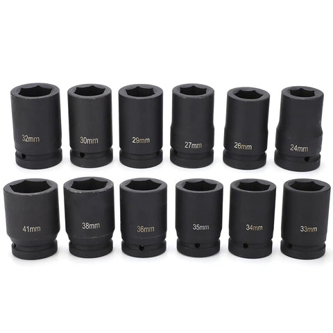 Top Tier Deep Impact Socket Set 12Pcs In 1 Inch Drive Size With Massive 24-41Mm Range And Heavy Duty Build Perfect For Pros And DIY Mechanics Looking For Serious Power And Storage On The Go. 12 black impact sockets 24-41mm
