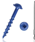 8x1 Inch Pocket Hole Screws Pack Of 500 Exterior Wood Screws For Woodworking Blue Coated Square Drive Self Tapping Hardened Carbon Steel Rock Solid All Weather Outdoor Ready, close-up view of a blue pocket hole screw and bit.