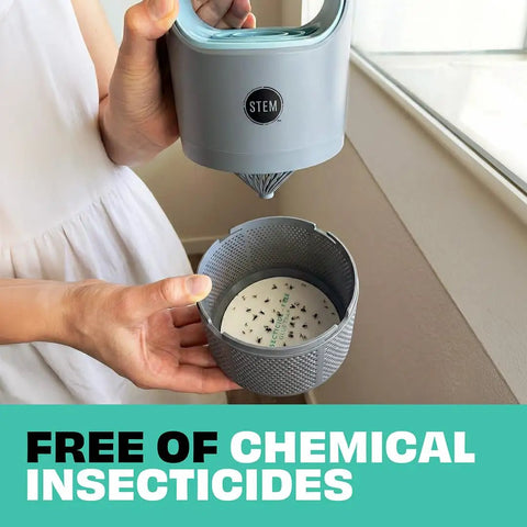 Person holding Indoor Bug Trap With Fan And UV Light That Attracts Mosquitoes Fruit Flies And House Flies, showing glue trap inside.