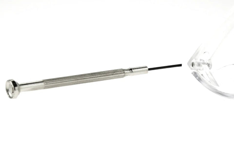 Precision screwdriver from Emergency Eyeglass Repair Kit With Precision Screwdriver, Replacement Screws, Nose Pads And Grommets In A Compact Plastic Tube For Quick Fixes On The Go, Ideal For Sunglasses And Reading Glasses, shown with glasses being repaired.