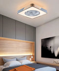 Enclosed Ceiling Fan With Light And Remote, 22 Inch Sleek Low Profile Wood And Metal Housing, in modern bedroom setting