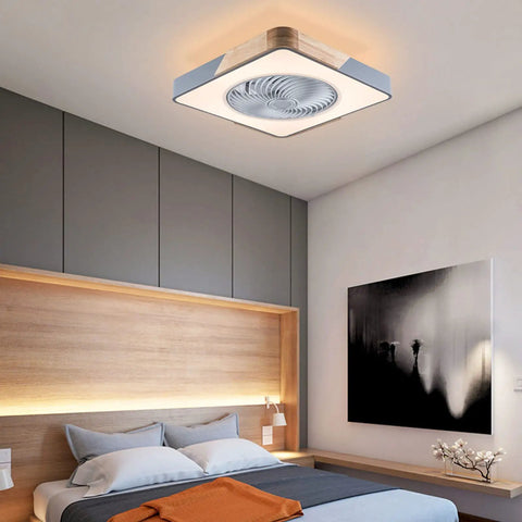 Enclosed Ceiling Fan With Light And Remote, 22 Inch Sleek Low Profile Wood And Metal Housing, in modern bedroom setting
