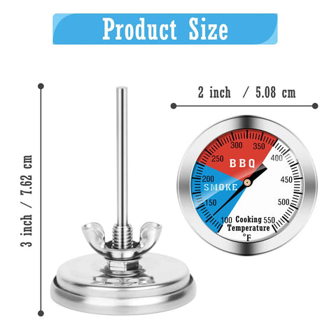 Backyard BBQ Thermometer Gauge For Charcoal Grill And Pit Smoker With Fahrenheit Dial Color Coded Zones Size Illustration
