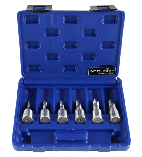 Six Piece HSS Drill Bit Set With 3/4 Inch Weldon Shank And 1 Inch Cutting Depth Fully Ground For Metal Wood And Aluminum Includes 1/4 By 1 Inch 5/16 By 1 Inch 3/8 By 1 Inch 7/16 By 1 Inch 1/2 By 1 Inch And 9/16 By 1 Inch displayed in blue case