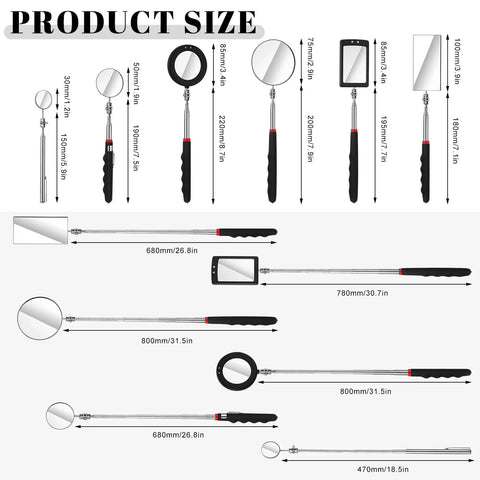 Product size chart for Six Piece LED Telescoping Inspection Mirror Set With Retractable Under Vehicle Mirror Tool Car Visual Reflector For Tight Spots And Quick Underbody Checks Multi Size Auto Mirror Kit.
