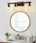 Farmhouse Wood Vanity Light Fixture With Four Lamps Over Mirror, Rustic Sconce Lighting With Clear Glass Shades, E26 Base in bathroom