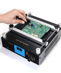 ESD Safe 853A BGA Rework Station With Digital IR Preheat, durable platform, shown with PCB for soldering and desoldering
