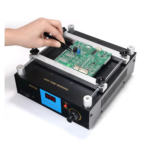ESD Safe 853A BGA Rework Station With Digital IR Preheat, durable platform, shown with PCB for soldering and desoldering