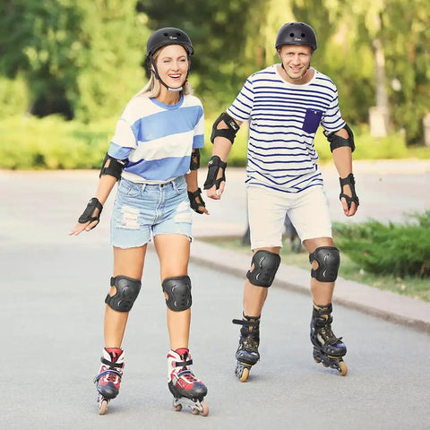 Two people rollerblading wearing Adult And Youth Skating Protective Gear Set With Helmet Knee Pads Elbow Pads And Wrist Guards