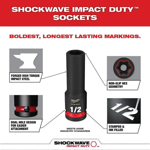 Shockwave Impact Duty Socket set features, including high torque steel, hex geometry, and dual hole design, with 1/2 marking.