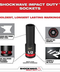 Shockwave Impact Duty Half Inch Drive Socket Set SAE Fifteen Piece DT 49 66 6802 with detailed socket features diagram
