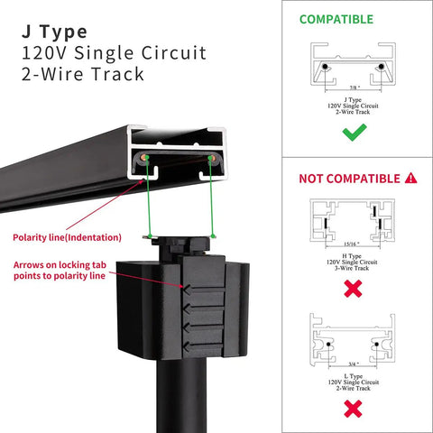 J Type Track Lighting Heads To E26 Medium Screw Base Adapters, direction adjustable, slick black finish, polarity illustration