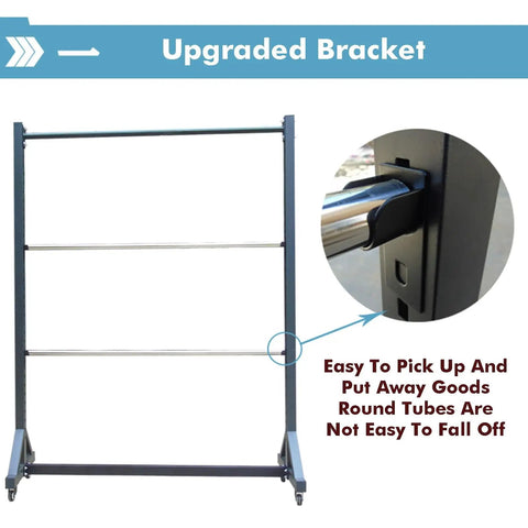 Detailed view of upgraded bracket on Heavy Duty Vinyl Roll Storage Rack With Wheels, featuring sturdy round tubes for stability.