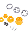 Heavy Duty Pvc Pipe Threader Kit With Three Reusable Dies For One Inch Pipes parts including yellow adapters and aluminum dies.