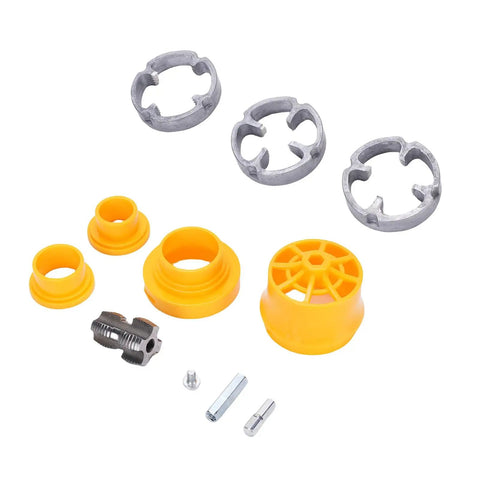Heavy Duty Pvc Pipe Threader Kit With Three Reusable Dies For One Inch Pipes parts including yellow adapters and aluminum dies.