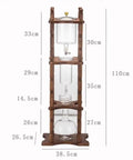 Badass Cold Brew Drip Tower Holds 25 Cups With Solid Wood Base, Slow Drip Ice Coffee Maker dimensions display.