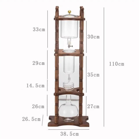Badass Cold Brew Drip Tower Holds 25 Cups With Solid Wood Base, Slow Drip Ice Coffee Maker dimensions display.