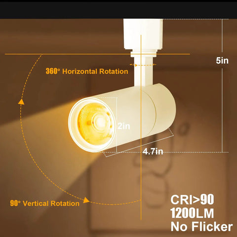 12W H Track Lighting Heads Dimmable LED Track Spotlights CRI 90 Plus 3000K Warm White 120V 36 Degree Beam with rotation features