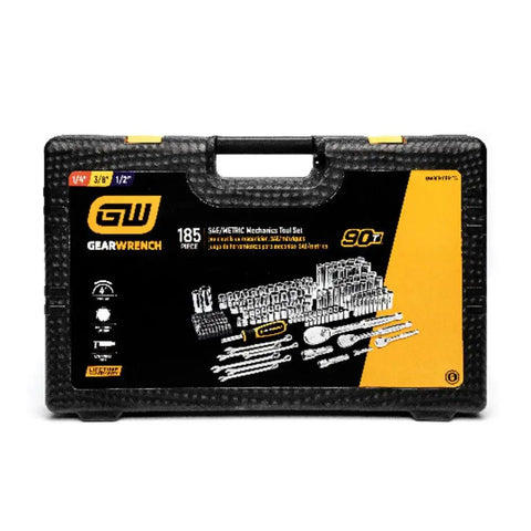 185 Piece Pro Grade Mechanics Hand Tool Set With 1/4 3/8 And 1/2 Inch Drive Ratchets case front view