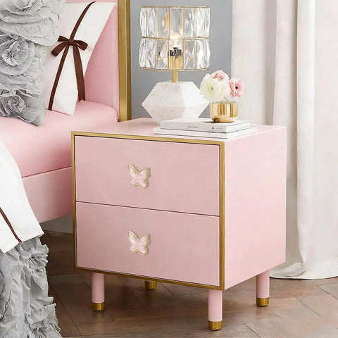 Bedside table with Six Pack Pink Butterfly Drawer Knobs Set for cabinets, dressers, and wardrobes, cute shell material knobs.