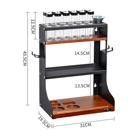 Heavy Duty Wall Mount Coffee Bean Storage Tower Three Tier Wooden Espresso Tool Rack with twelve glass jars and funnel.