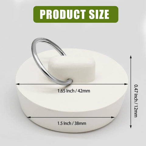 Heavy Duty Rubber Drain Plug With Hanging Ring, 1.5 to 1.6 inch pipe fit, durable white rubber, measures 42mm x 12mm.