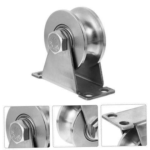 Two Pack Stainless Steel U Groove Pulley Track Roller With Double Bearings, Heavy Duty Sliding Door Hardware, front and side view
