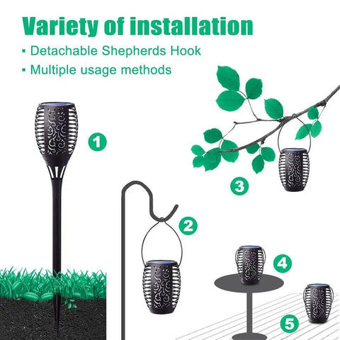 8 Pack Solar Torch Lights With Flickering Flame That Looks Lit, Upgraded 3in1 Outdoor Hanging Lanterns installation options.