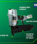 16 Gauge Finish Nailer With 1 Inch To Two And A Half Inch Nails Lightweight 3.7 Lb Pneumatic Nail Gun Bump Fire Or Sequential Fire Modes Aluminum Magazine For Trim And Cabinet Work Pro Grade Finish Nailer, shown with rubber grip handle and rafter hook on a green background.