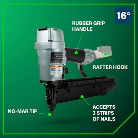 16 Gauge Finish Nailer With 1 Inch To Two And A Half Inch Nails Lightweight 3.7 Lb Pneumatic Nail Gun Bump Fire Or Sequential Fire Modes Aluminum Magazine For Trim And Cabinet Work Pro Grade Finish Nailer, shown with rubber grip handle and rafter hook on a green background.