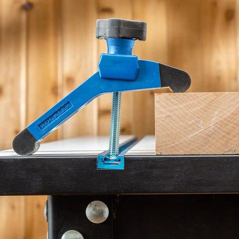 Bit Saver Hold Down Clamps For CNC Routers, Five And A Half Inch Long By One And A Quarter Inch Wide, Two Pack, clamping a wood piece