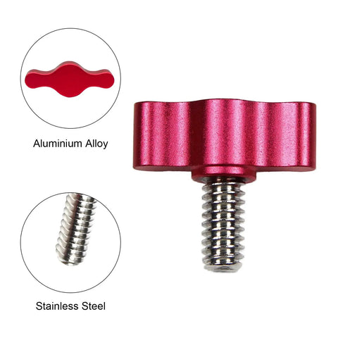 Close-up of 1 red anodized aluminum tee wing knob with stainless steel threads from 4Pcs 1/4-20 X 1/2 Inch Thumb Screws.