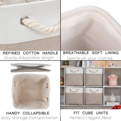 Features of Slick Cube Storage Bins include refined cotton handles and soft lining, showcasing versatility for closet organization.