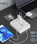 14 In 1 Power Strip With Surge Protection And One Touch Switch Wall Mountable Extension Cord For Office Home School Study US Plug 110 To 130 Volt Rectangle Power Supply With Overload Protection, white desk model