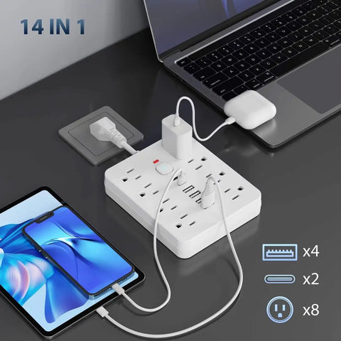 14 In 1 Power Strip With Surge Protection And One Touch Switch Wall Mountable Extension Cord For Office Home School Study US Plug 110 To 130 Volt Rectangle Power Supply With Overload Protection, white desk model