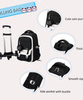 Kids Rolling Backpack With Wheels For School, Durable Water Resistant Nylon Trolley Bookbag For Boys And Girls with features highlighted